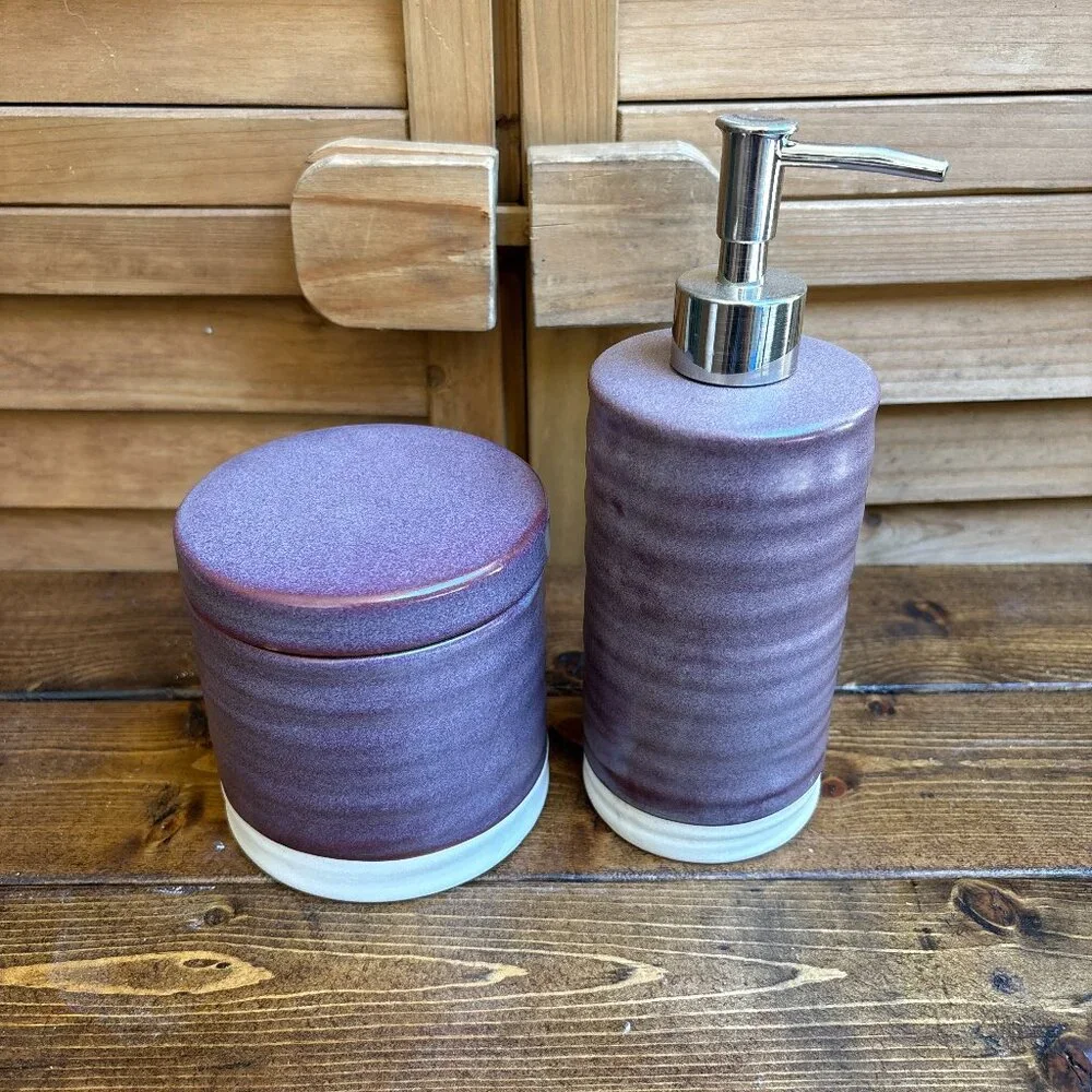Modern‎ Purple Stoneware Bathroom Set – Canister & Soap Dispenser new